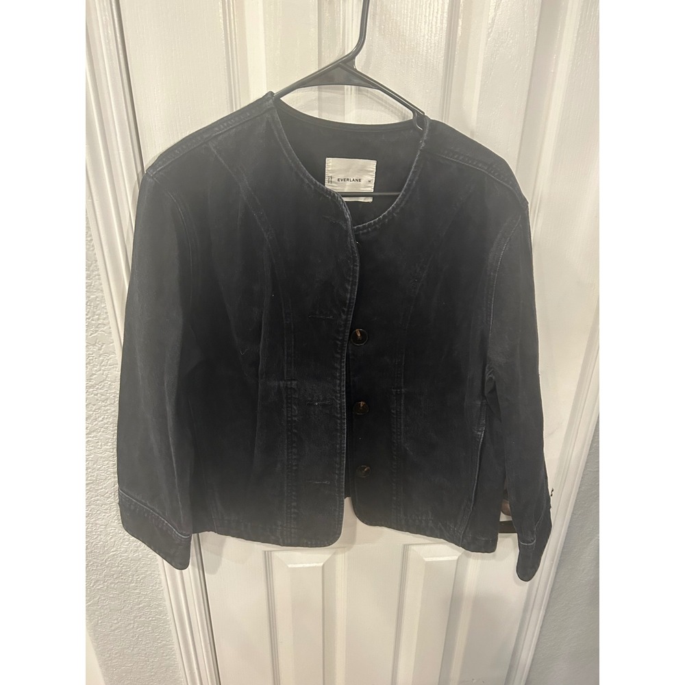 Everlane Denim Jacket Black Collarless Button Front Minimalist Utility Coat - Picture 1 of 5